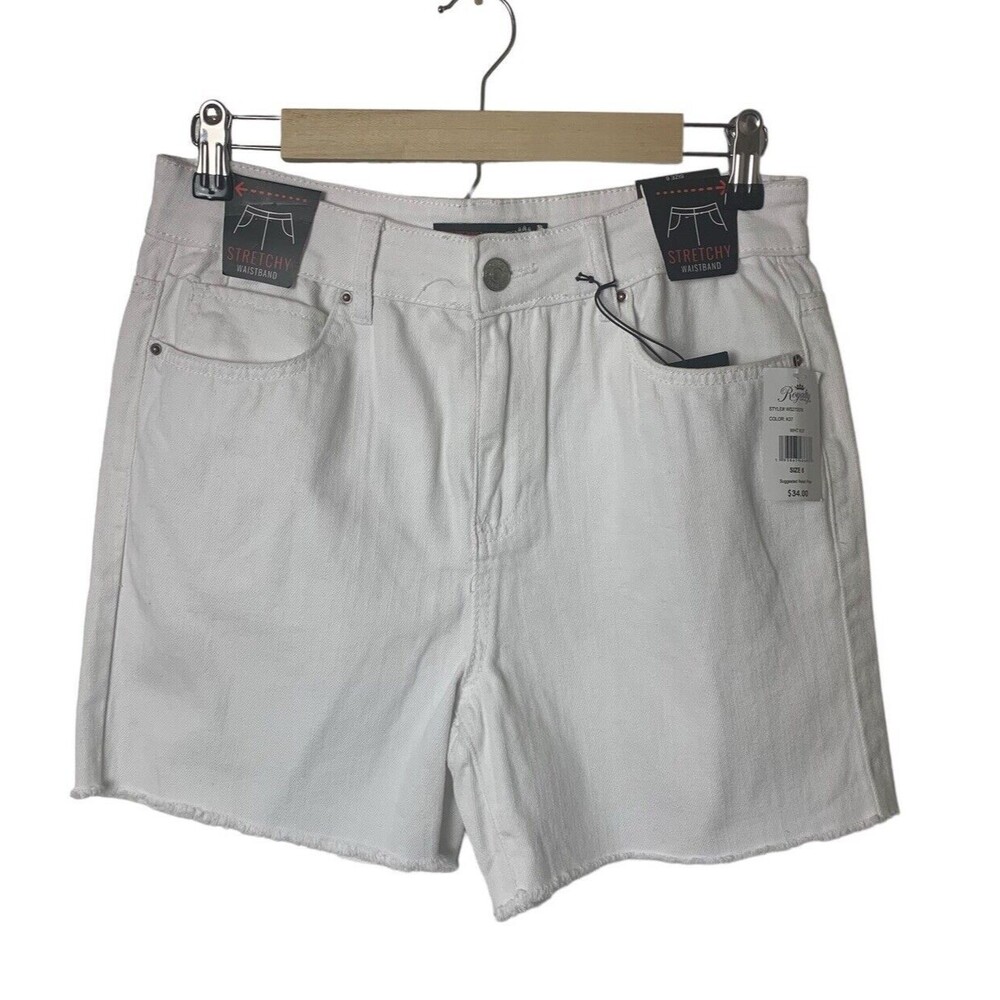 Royalty For Me High Rise Denim Shorts Women's Sz 6 White Frayed Hem Stretch New!